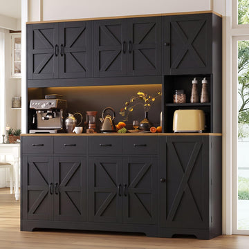 71" Tall Kitchen Pantry with LED Lights & Charging Station, Farmhouse Storage Cabinet with 4 Drawers & 6 Cabinets