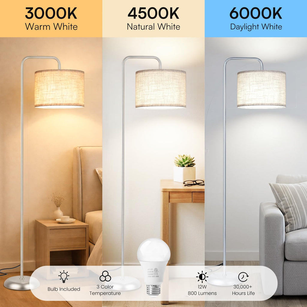 Floor Lamp, ‌Silver‌ Standing Floor Lamp with 3CCT Bulb