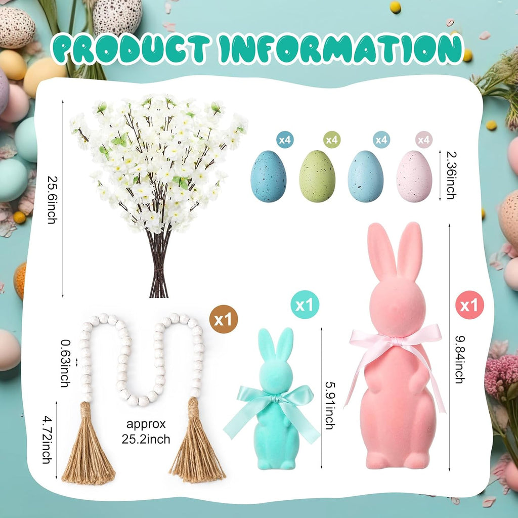 Easter Table Centerpiece Spring Tray Decoration Includes 2 Flocked Bunnies, 16 Pastel Speckled Eggs, 10 Peach - Set of 29