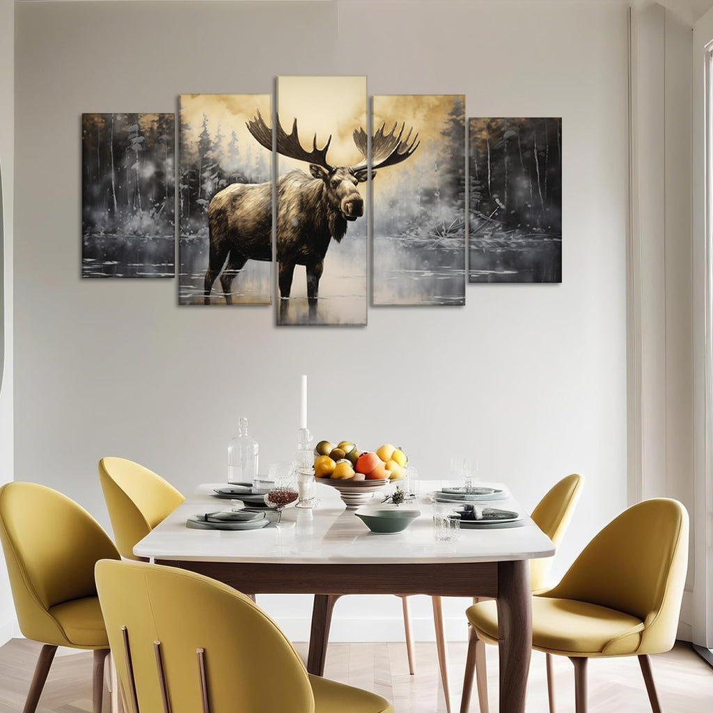 Large Moose Wall Art 5 Piece Wildlife Canvas Pictures Prints Rustic Forest Wilderness Animal Painting Moose Art Cabin