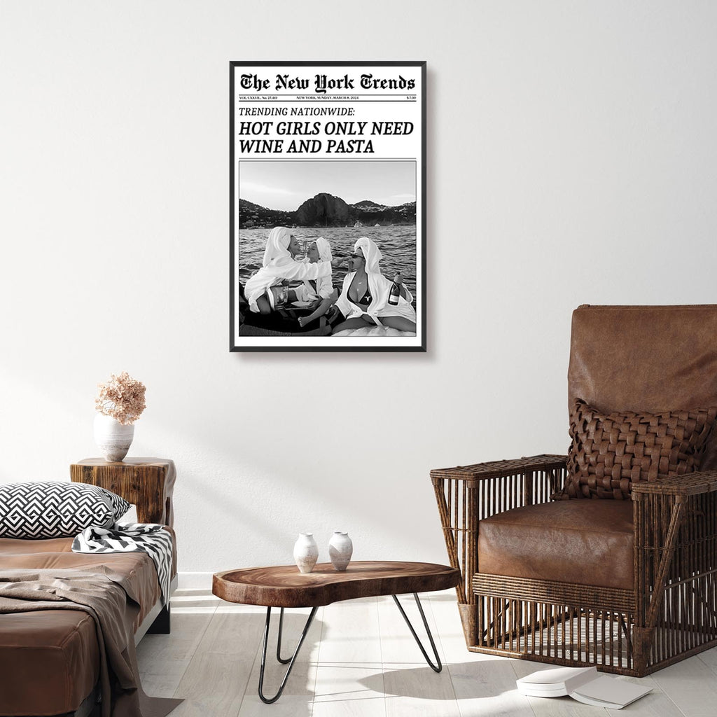 Vintage Trendy Black And White Newspaper Print Poster Retro Times Canvas Wall Art Funky Hot Girls Eating Pasta Prints