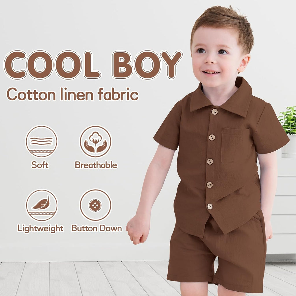 Toddler Baby Boy Summer Clothes Cotton Linen Short Sleeve Solid Button Down Shirt Shorts Set Outfits with Pockets