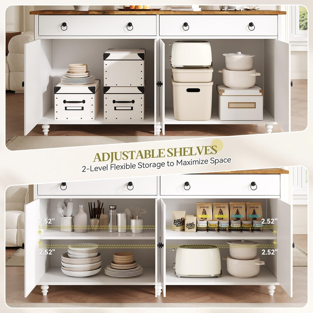 55" Buffet Cabinet with Storage and Drawers, Large Sideboard Buffet Cabinet with Adjustable Shelves and Doors, Modern