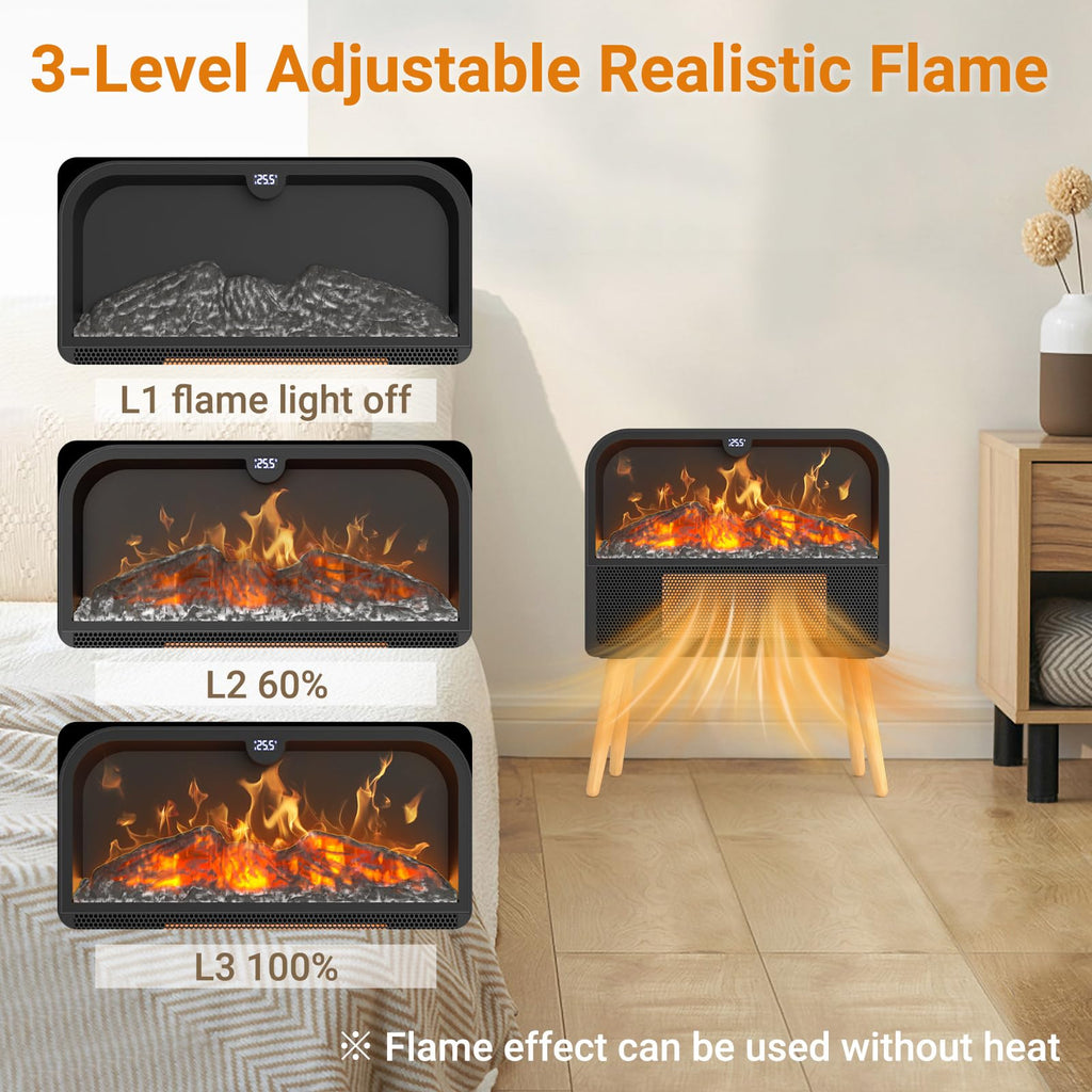 Electric Fireplace Heater, Ultra-Thin Electric Fireplace Stove with Realistic Flame & Solid Wood Stand, 17" Portable