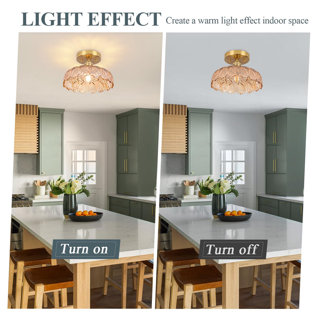 Hallway Lights Fixture Ceiling, Amber Semi Flush Mount Ceiling Lights, 9.4" Flower Light E26 Vintage Light Fixtures for
