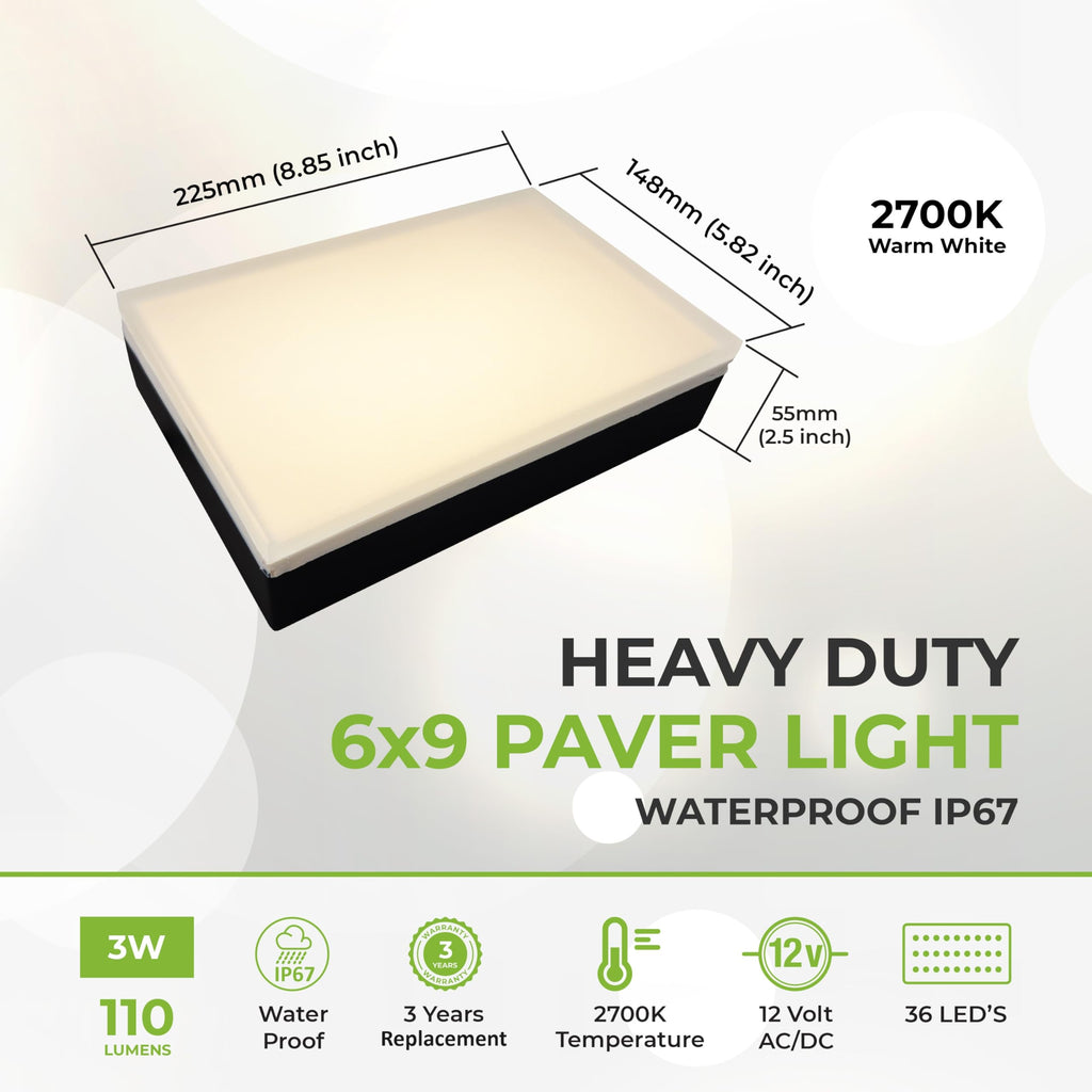 Paver Light 6X9 Inch (5.82 x 8.85 inches) 2700K, Brick Lighting for Pavers, Driveways, Pathways, Patios, Inground &