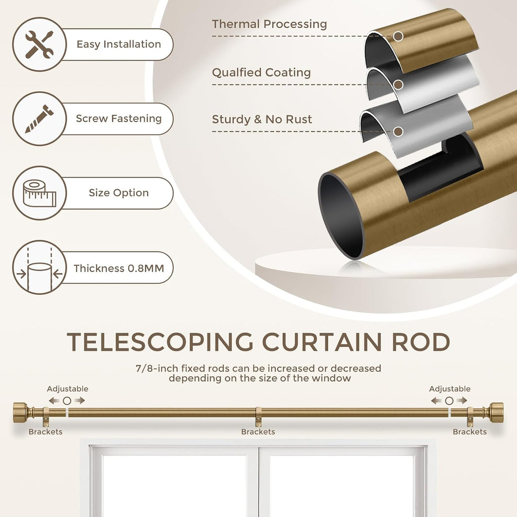 2 Pack Warm Gold Curtain Rod for Windows, Heavy Duty Brass Curtain Rod, 1" Diameter Adjustable Gold