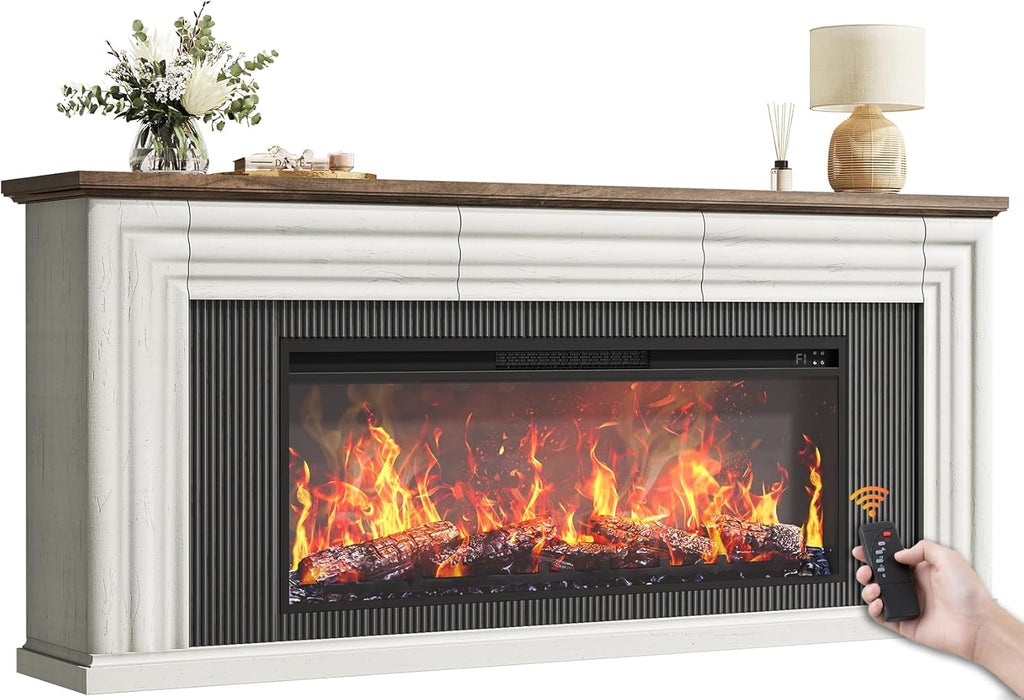 70 Inch Fireplace TV Stand for 75 Inch TV, Farmhouse Modern Entertainment Center with 42" Fireplace, Fluted Design
