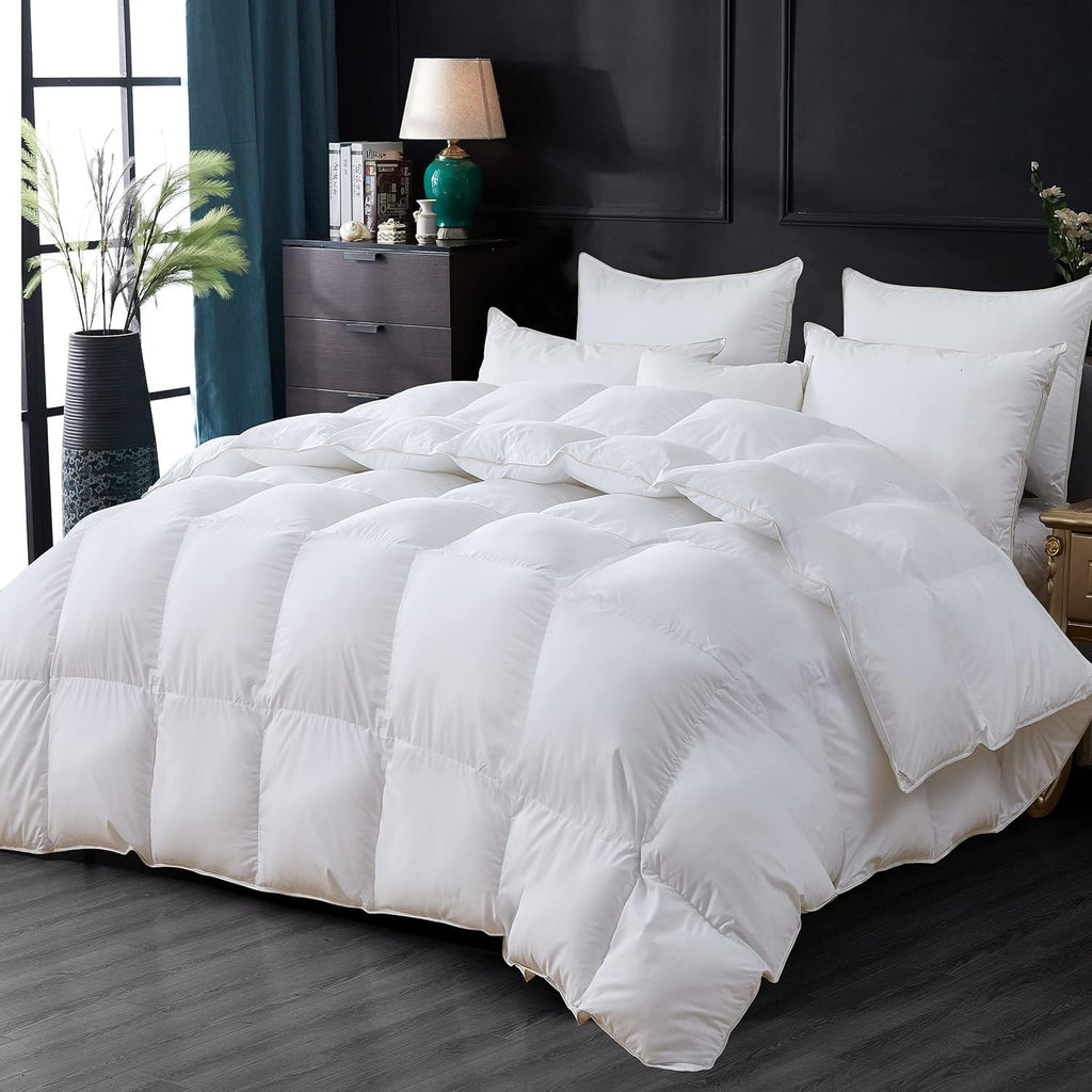 Luxurious Goose Down Feather Fiber Comforter Duvet Insert, Plain Solid Design, White 98 x 98, Premium Baffle Box 100%