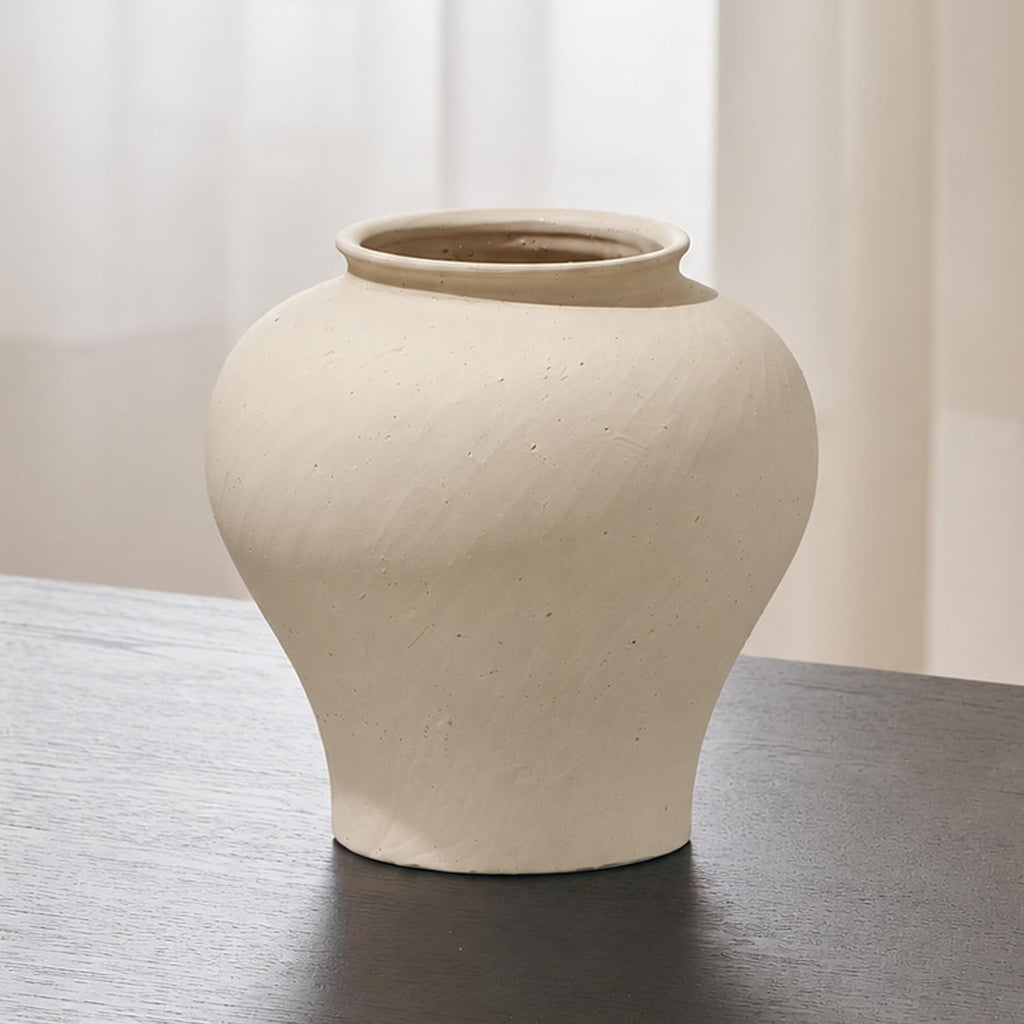 White Ceramic Rustic Vase, 9.7" Tall Zen Style Terra Cotta Pitcher, Distressed Farmhouse Decor, Pottery Decorative