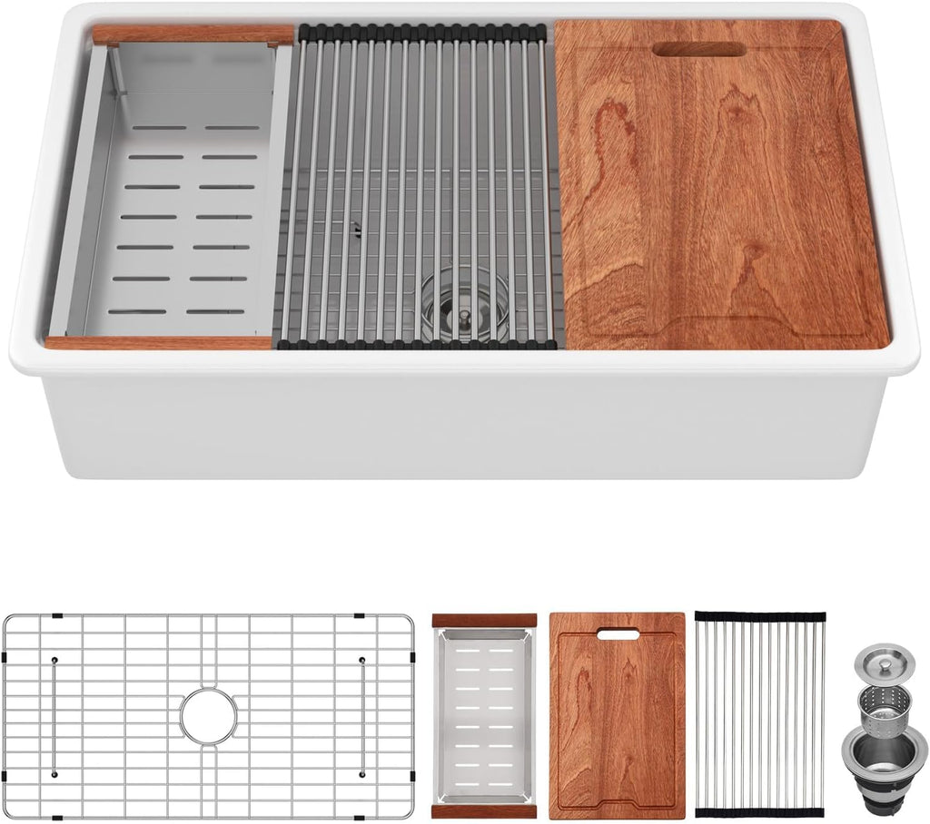 33 Inch White Undermount Kitchen Sink Fireclay Porcelain Ceramic Sinks Single Bowl Rectangular Basin Workstation with