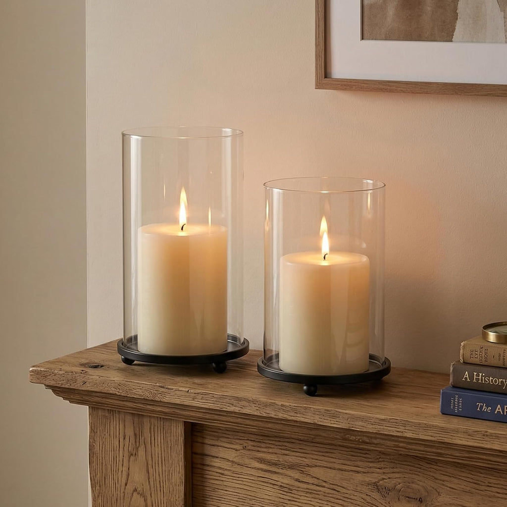 Hurricane Candle Holders Set of 2 - Pillar Candle Stands with Glass Sleeves for Fireplace Mantel & Dining Table