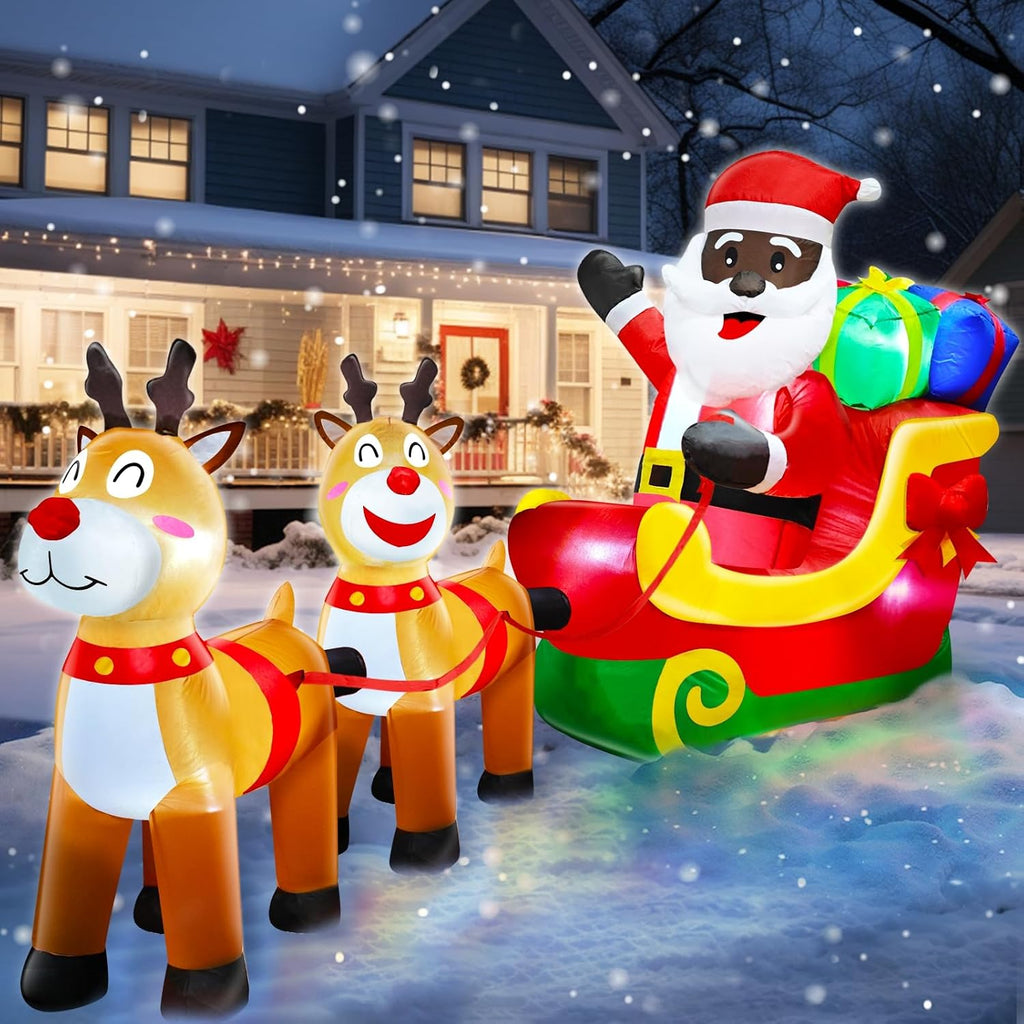 8 Ft Long Christmas Inflatables Black Santa Claus On Sleigh with Reindeer