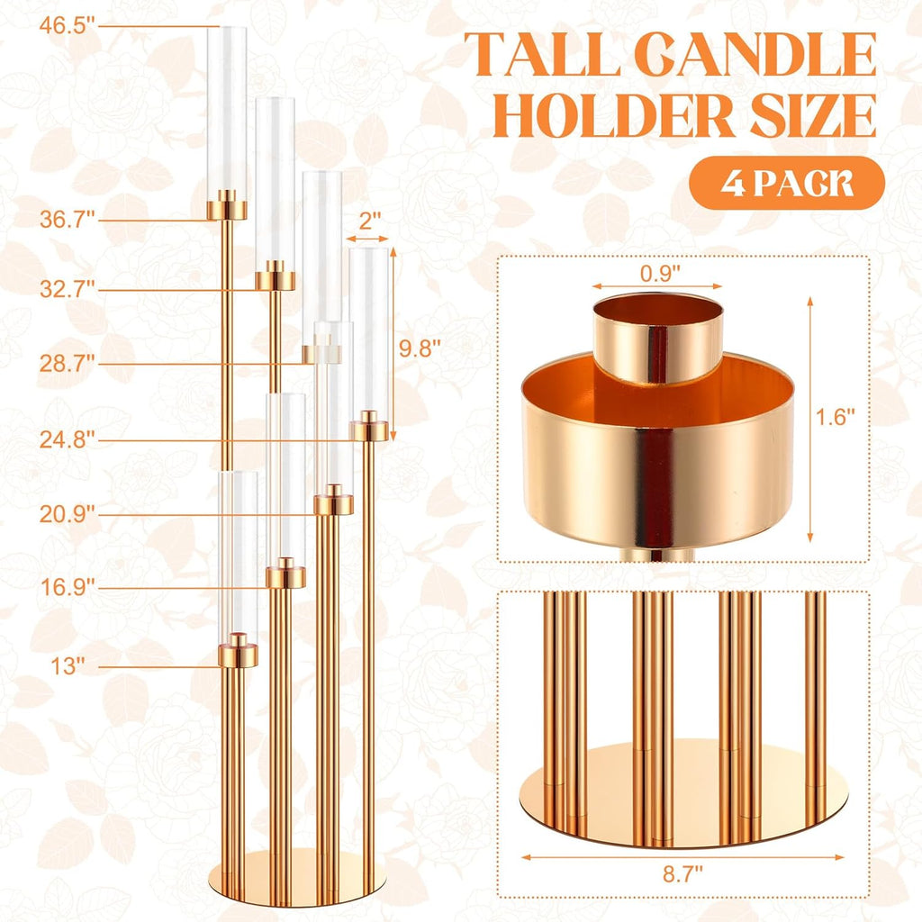 Tessco 4 Sets Gold 7 Arm Floor Candelabra 46.5'' Tall Floor Candle Holders Metal Candle Holders with Acrylic