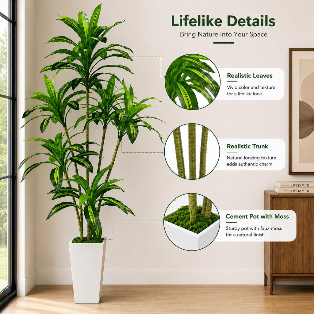 Artificial Dracaena Tree with White Tall Planter, 7FT