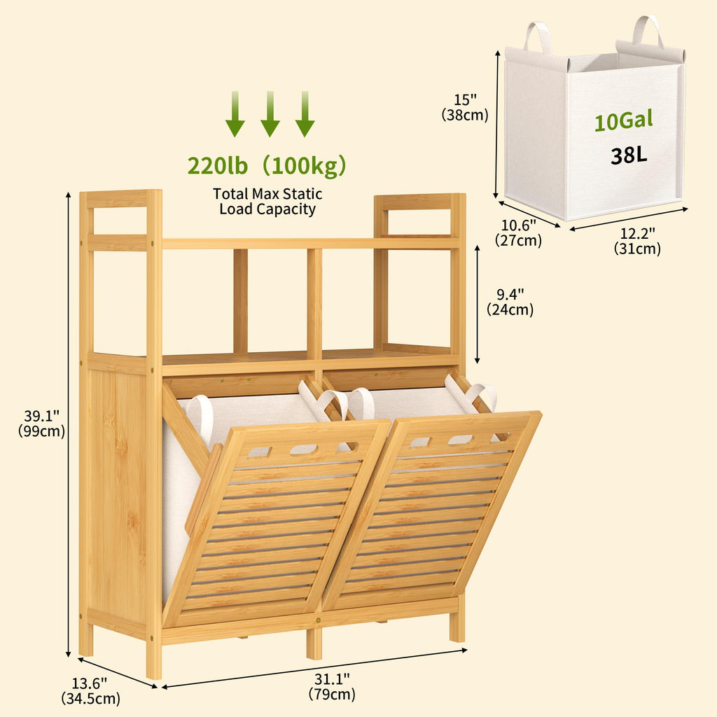 Tilt Out Laundry Hamper Cabinet, Bamboo Double Laundry Hamper with 2 Removable Laundry Baskets, 20 Gal Laundry Sorter