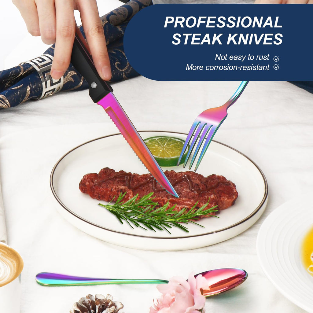 24-Piece Rainbow Silverware Set with Steak Knives Stainless Steel Flatware Set for 4 Food Grade Tableware Cutlery Set