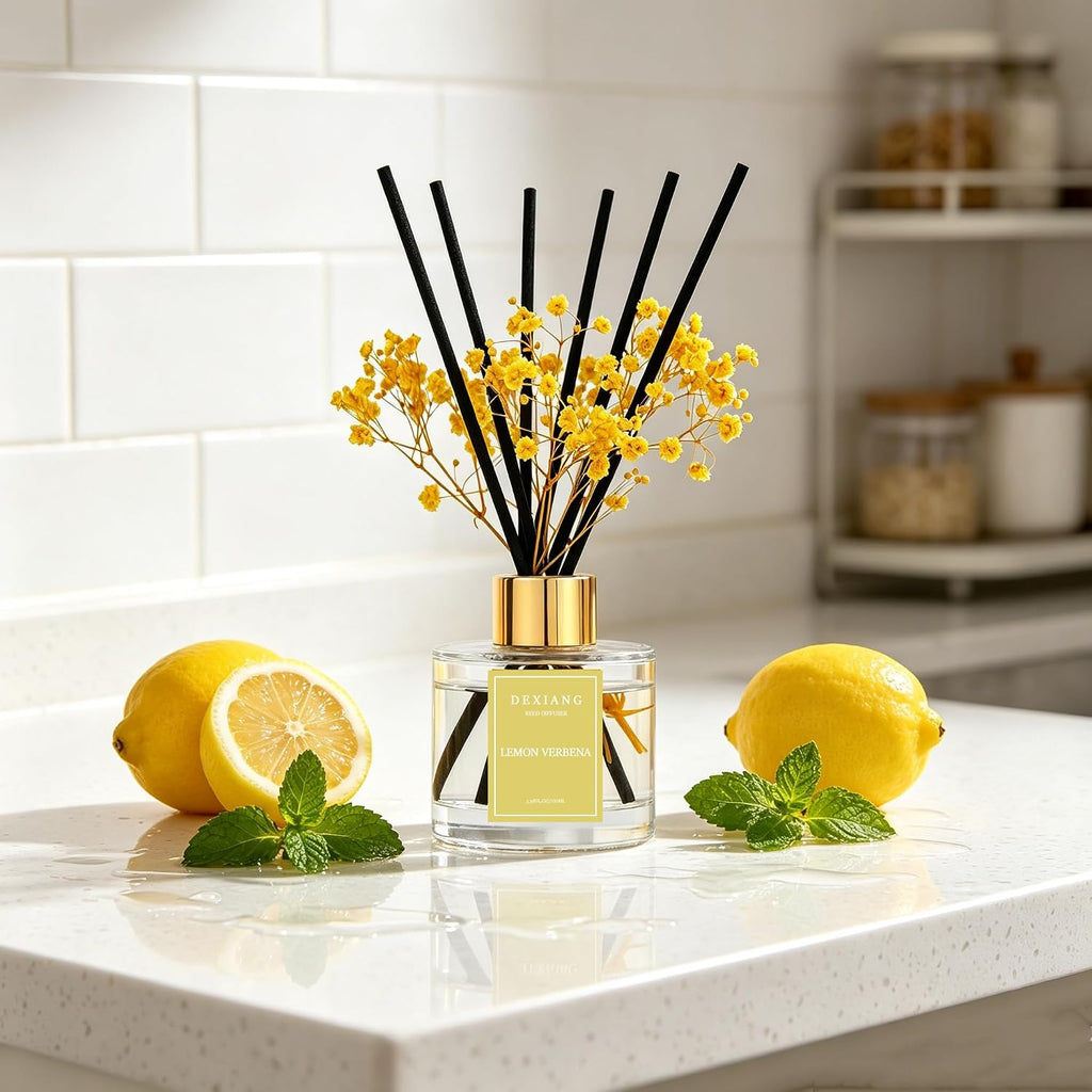 Reed Diffuser Set,3.38 fl oz (100 ml) - Lemon Verbena Oil Diffusers with 6 Reed Sticks Shelf Decor - Set of 338