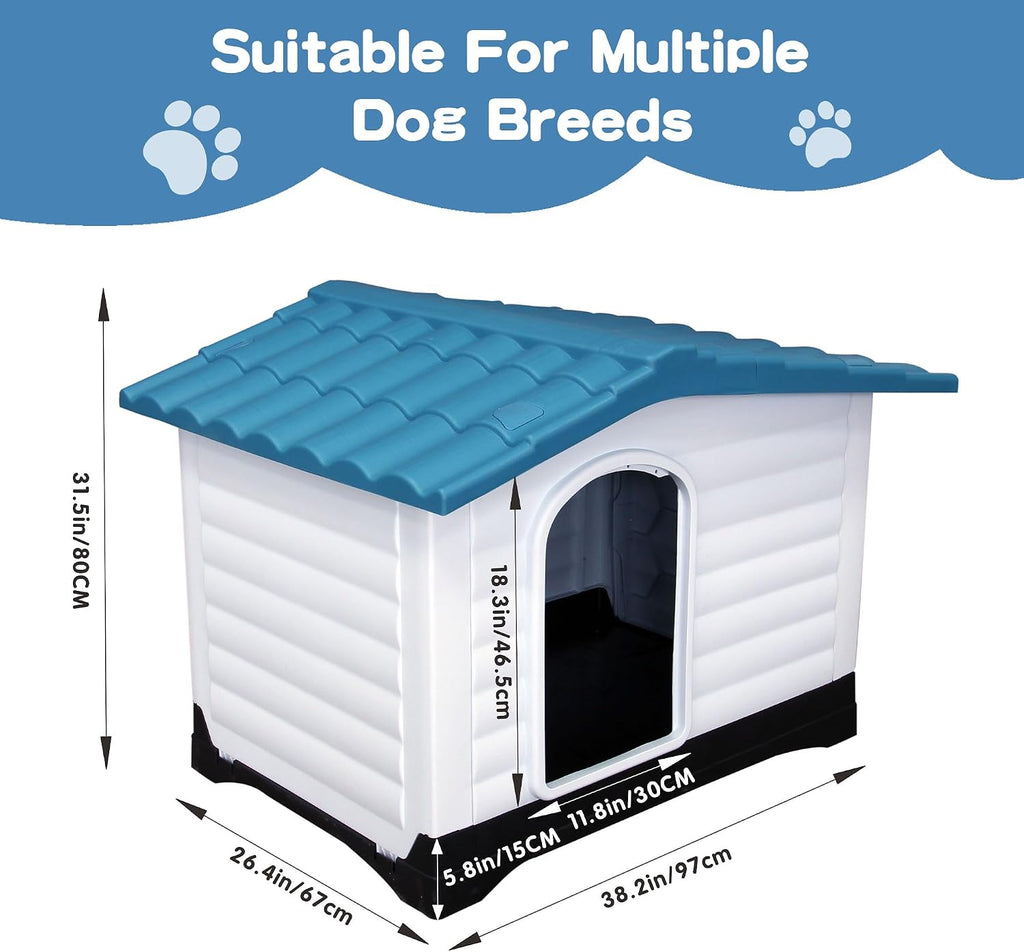 2-Door Large Dog House for Indoor and Outdoor Dog House with Fold-Out Porch Elevated Base, Waterproof Pet House