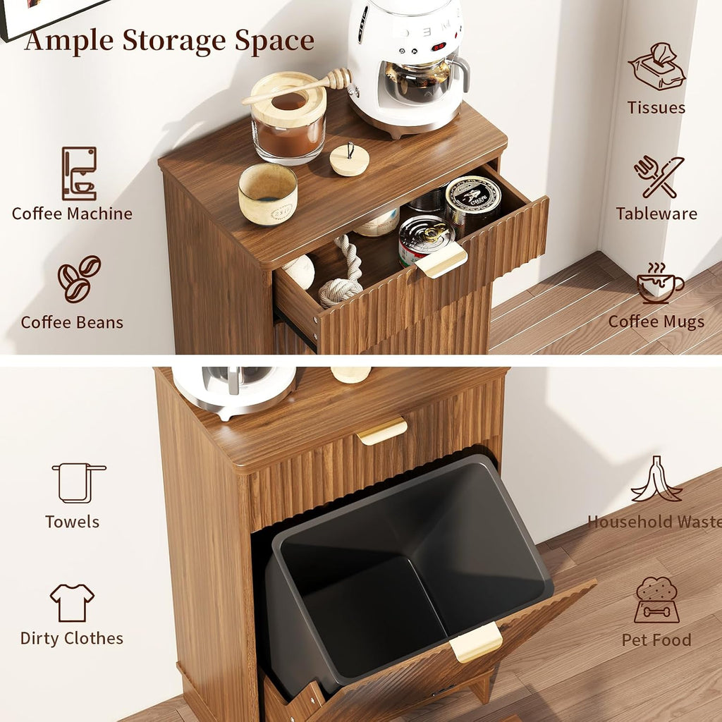 Pet Feeding Station, Dog Food Storage Cabinet with 2 Hidden Bowls, Walnut