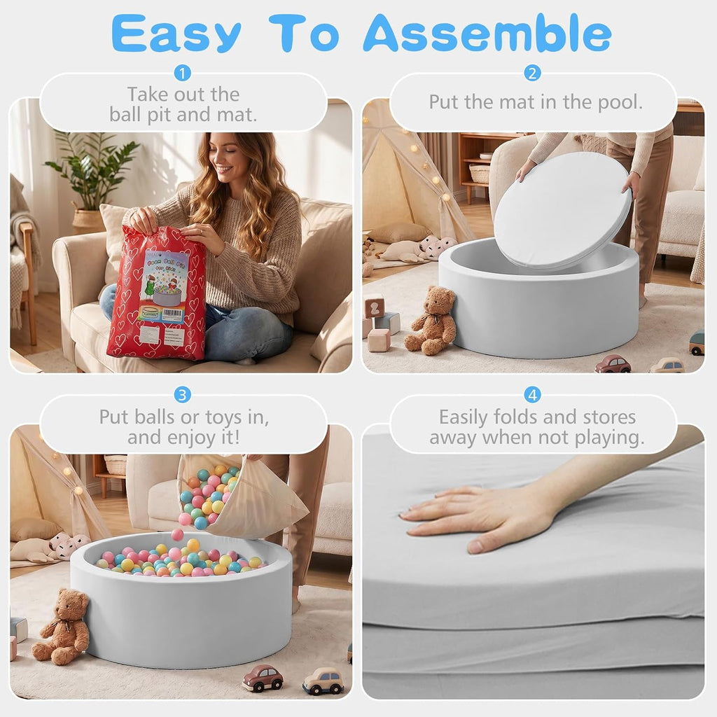 Foam Ball Pit, 47.2"x 13.8" Large Ball Pits for Toddlers-Grey