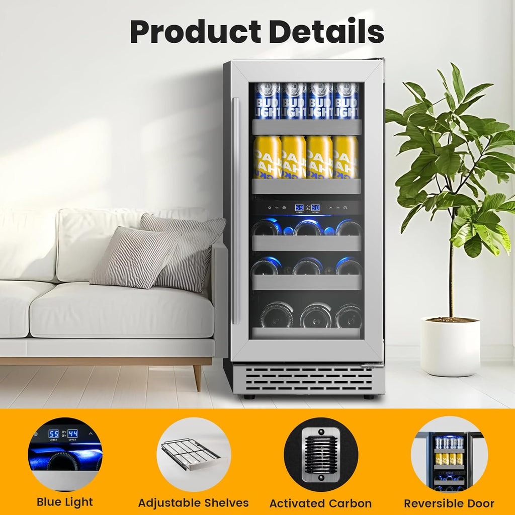 15 Inch Wine and Beverage Refrigerator,13 Bottle & 48 Cans Dual Zone Beverage Fr