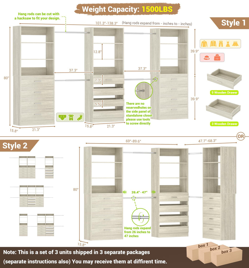 Closet System with 12 Drawers, 8.5-11.5Ft Wood Closet Organizer