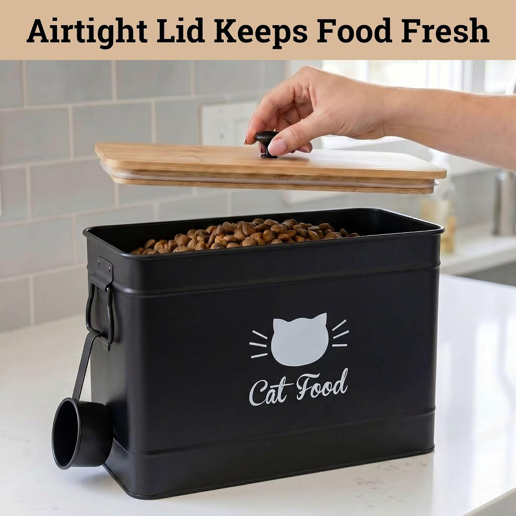 Metal Cat Food Container with Scoop, 15lb (50 Cup) w/ Airtight Bamboo Lid