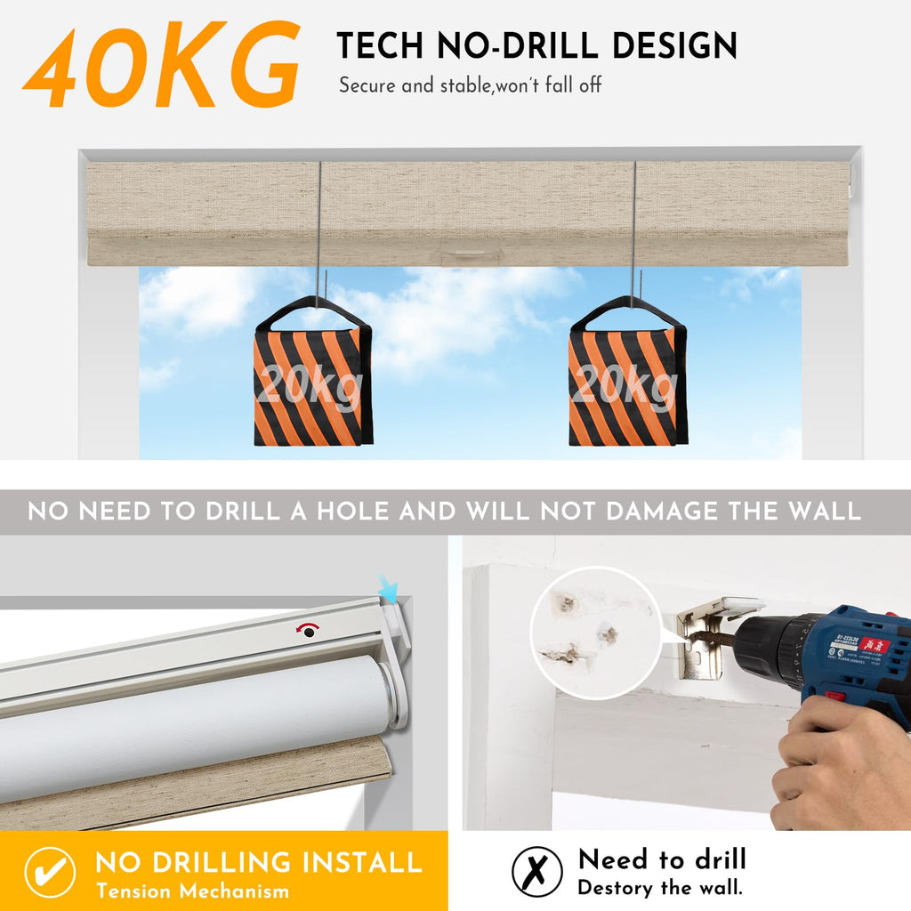 Smart Motorized Blinds with Remote, No Drill Automatic Roller Shades for Indoor Windows, Blackout Linen Fabric