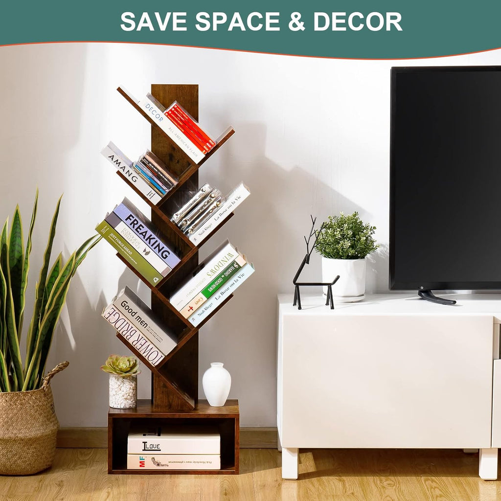 Tree Bookshelf - 6 Shelf Retro Floor Standing Bookcase, Tall Wood Book Storage Rack for CDs/Movies/Books