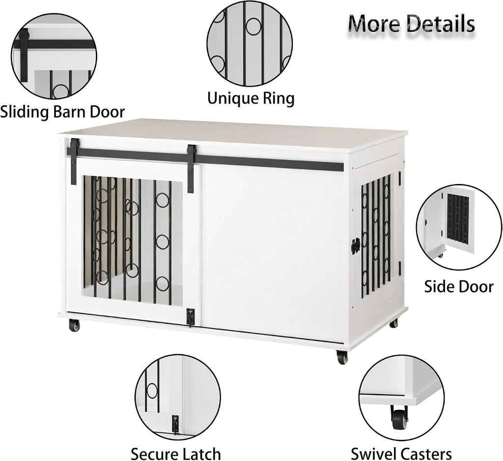Dog Crate Furniture with Sliding Barn Door & Side Door, 39" Wooden Dog Kennel End Table for Small Medium Dogs, Indoor