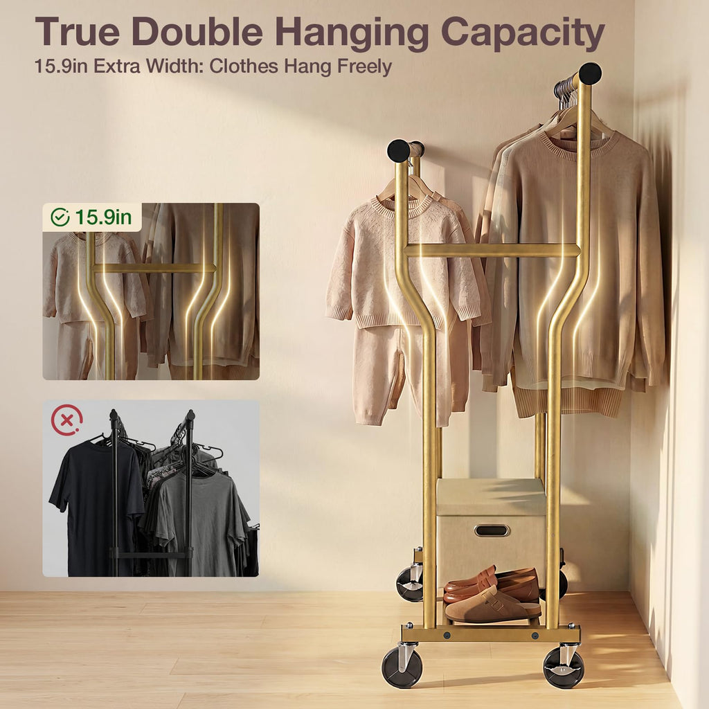 Clothes Rack, Double Rods Rolling Clothing Rack for Hanging Clothes Load 260 LBS Closet Rack with Wheels, Metal