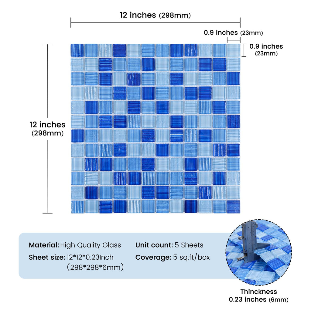 Glass Pool Tile Mosaic Backsplash Mixed Blue 12 Inch 5-Pack
