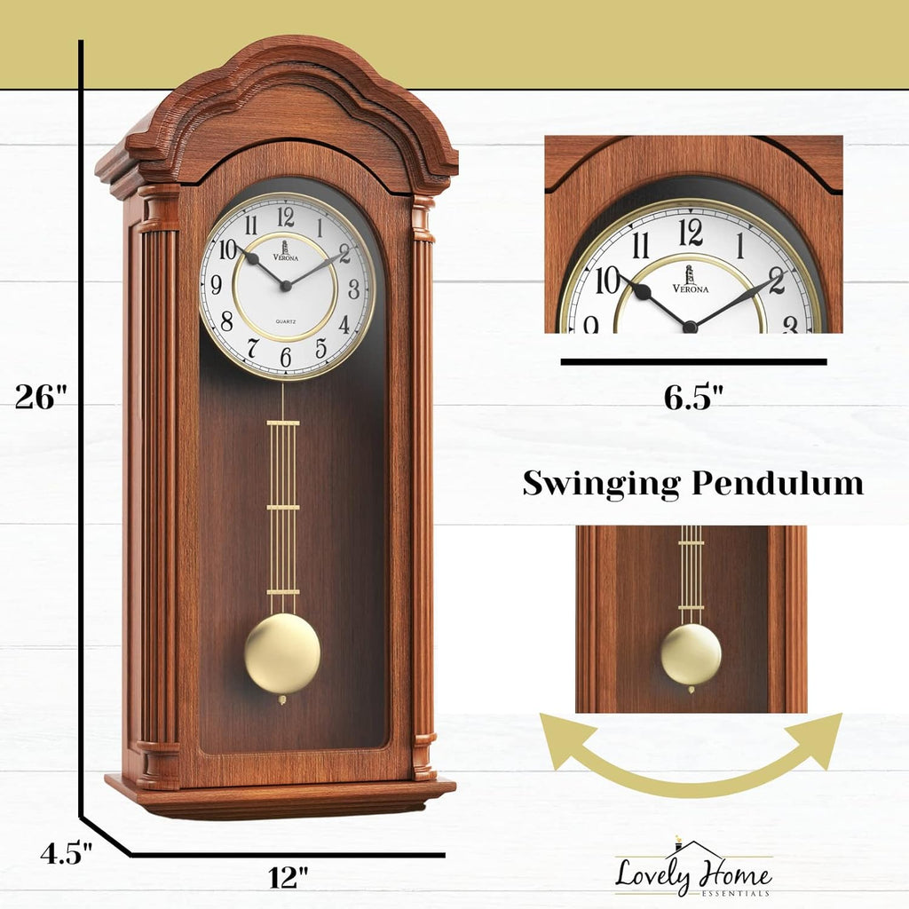 Grandfather Wall Clock with Pendulum — Large Hanging Wooden Battery Operated Non-Chiming Clock 26 x 12 inch - Quiet, Solid Wood Clock...