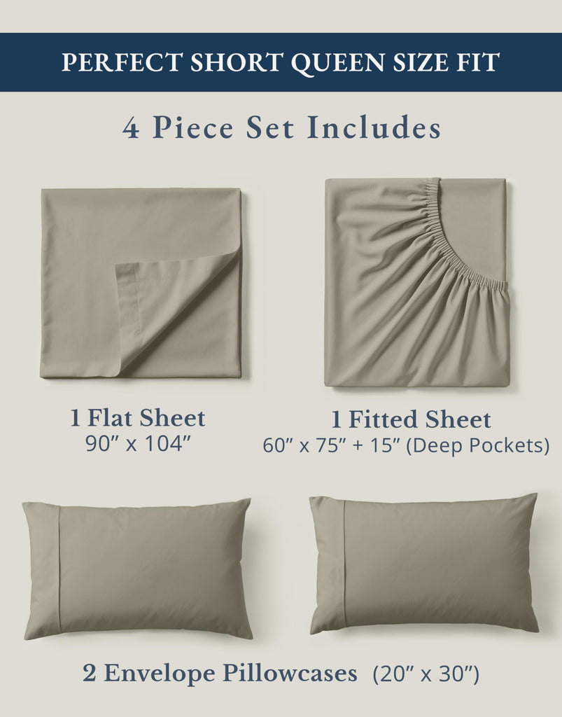 RV Queen Sheets Set - 100% Organic Cotton Camper Sheet Sets 15" Deep Pocket Fitted (Short Silver)