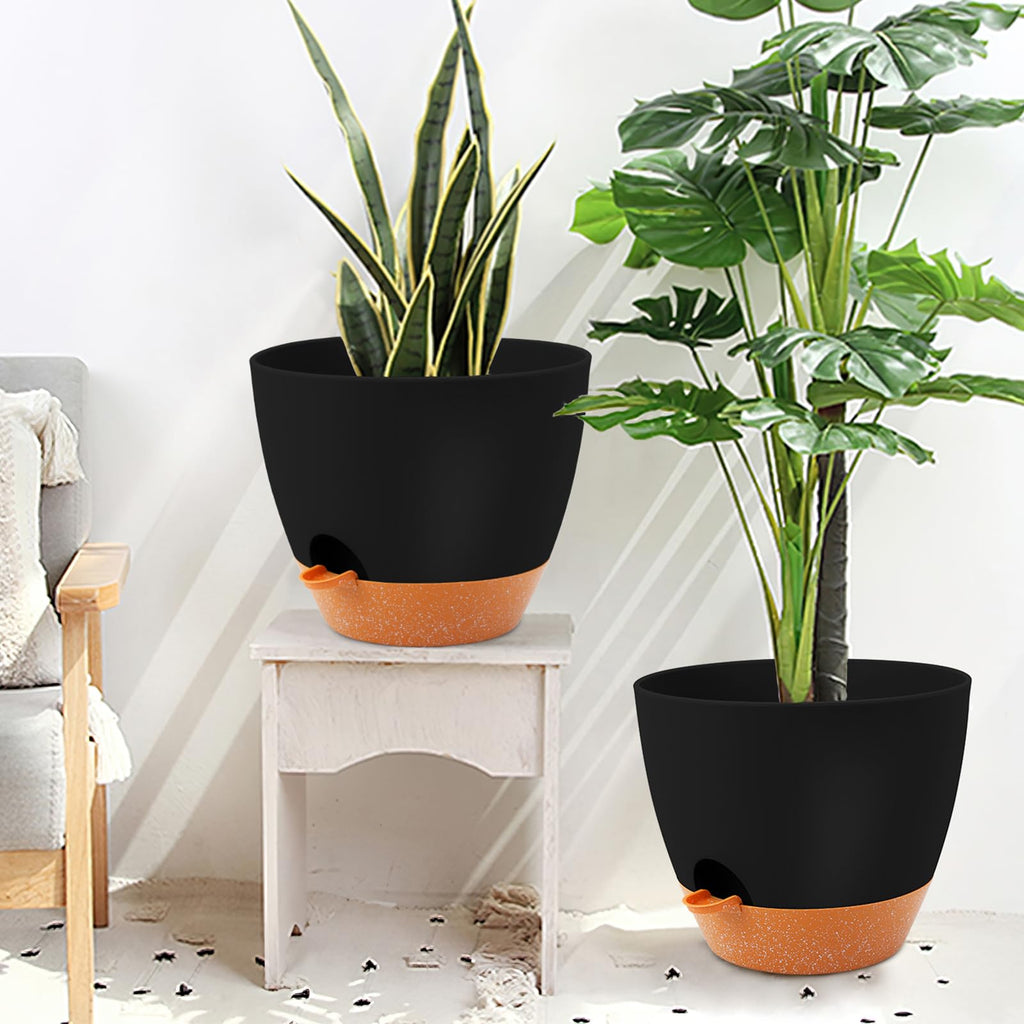 12 Inch Self Watering Planters, 2 Pack, Black