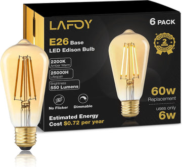 Amber Edison Light Bulbs, Vintage 2200K E26 60 Watt Equivalent 6 Pack