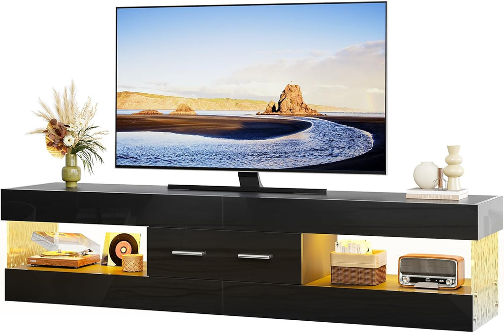 67" Modern TV Stand for TVs 55 to 75 Inch, High Gloss LED Entertainment Center with Stone-Patterned Doors, TV Console