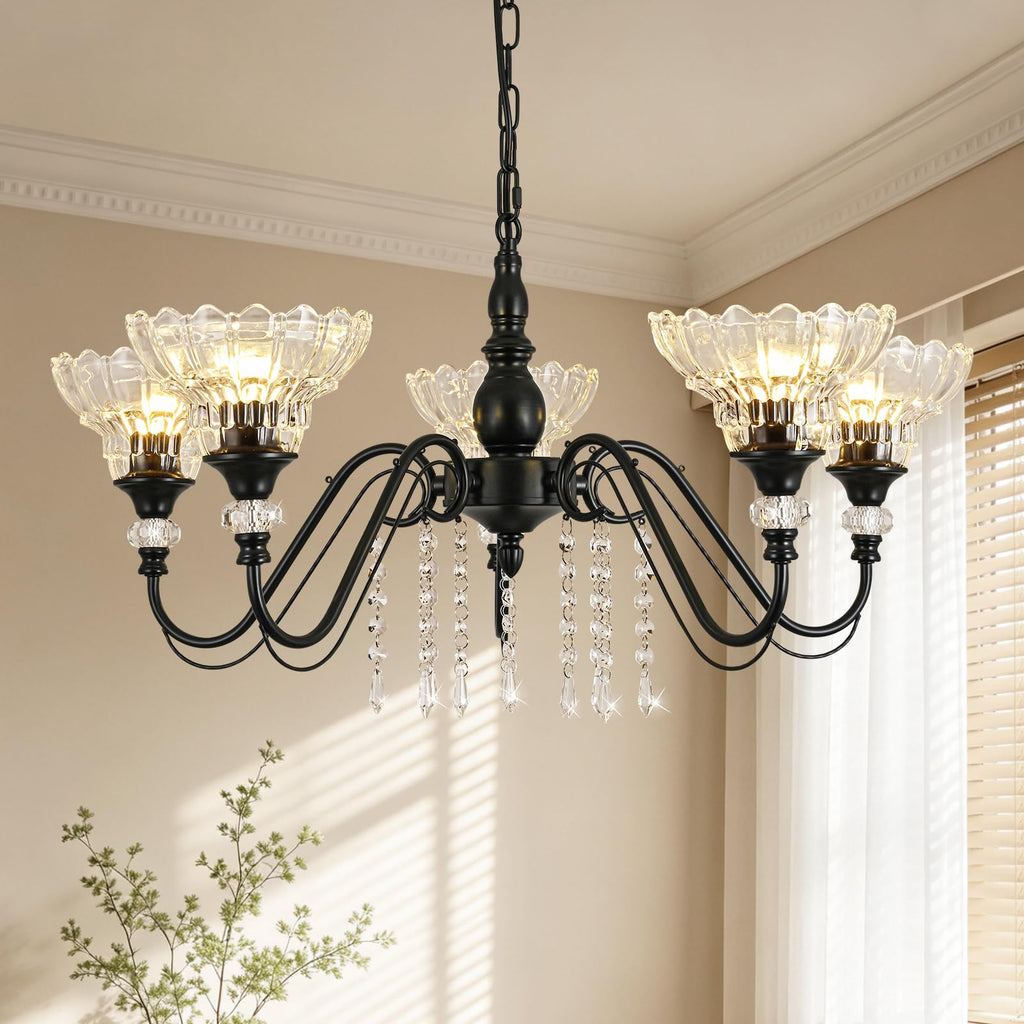 5-Light Chandelier in Matte Black Finish with Flower-Shaped Glass Shades and Hanging Crystal Accents, Farmhouse