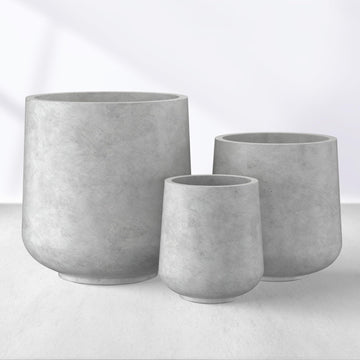 Set of 3 Pale Gray Concrete Curved Round Planters for Modern Home