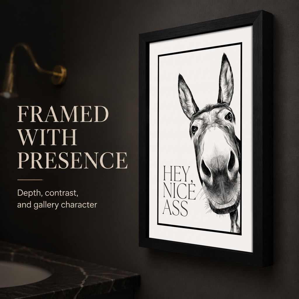 Framed, Funny Animal Bathroom Wall Art, Humorous Donkey Canvas Wall Decor Black and White Bathroom Print Painting