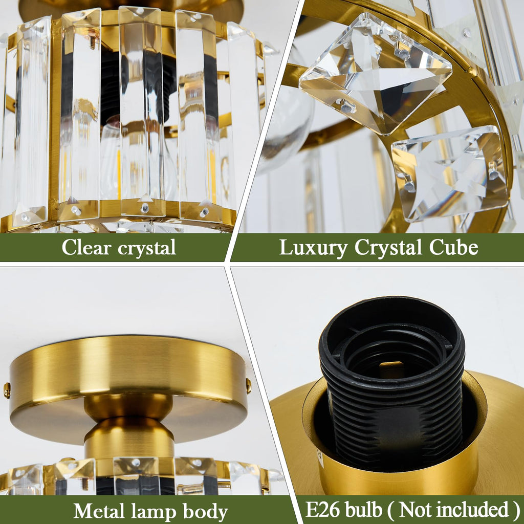2 Pack Small Crystal Semi Flush Mount Ceiling Light Fixture Modern Gold Mini Round Chandelier Metal E26 Ceiling Lamp