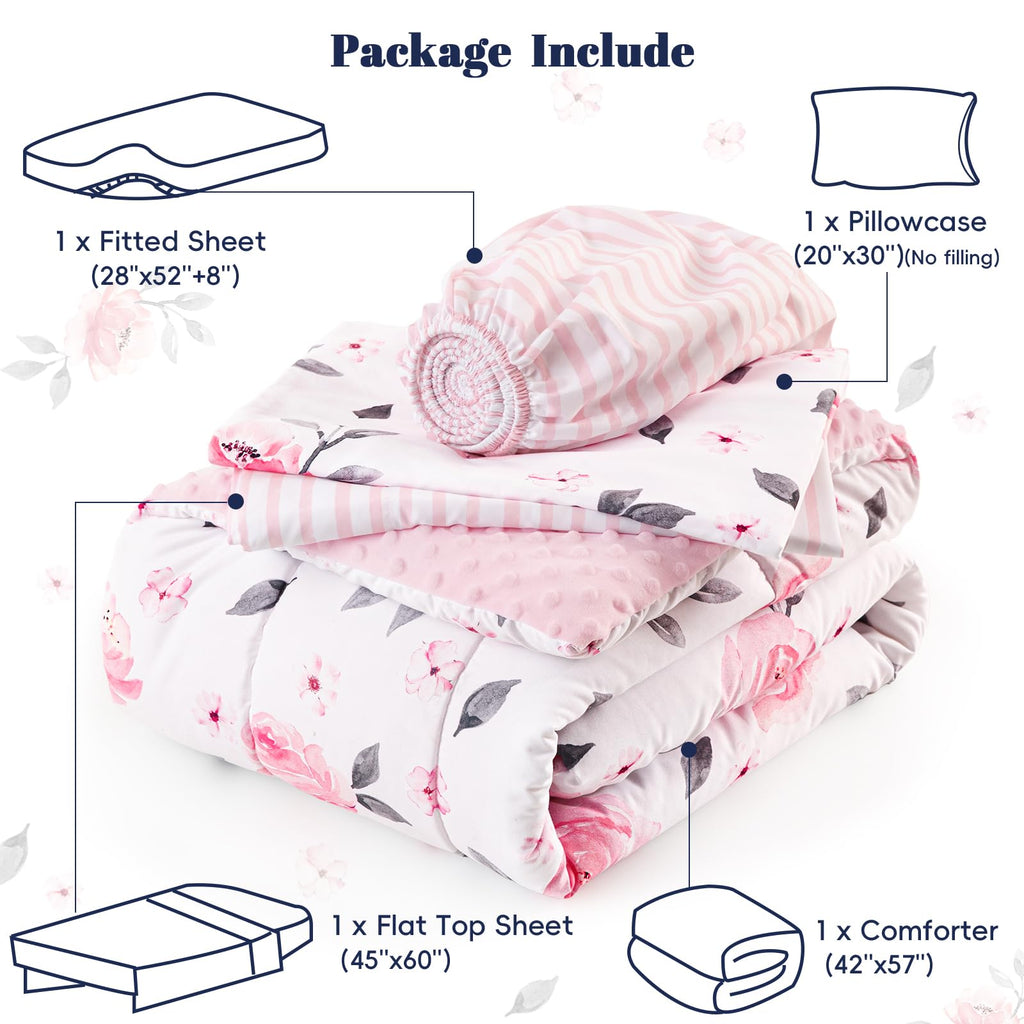 4 Piece Minky Toddler Bedding Set, Ultra Soft Fluffy Skin-Friendly Soothing Minky Dot Toddler Comforter Set, Unique