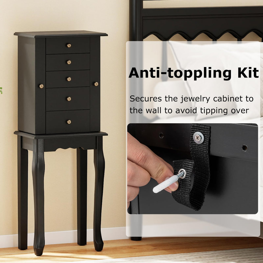 Standing Jewelry Armoire Cabinet with Top Flip Mirror, Jewelry Box Chest with 4 Drawers, Top Compartments, 8 Necklace