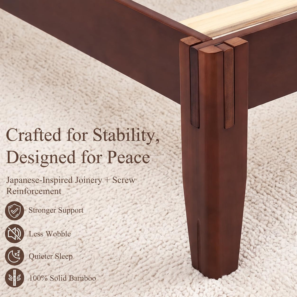 Japanese Joinery Solid Wood King Bed Frame, Bamboo Platform Bed, Walnut