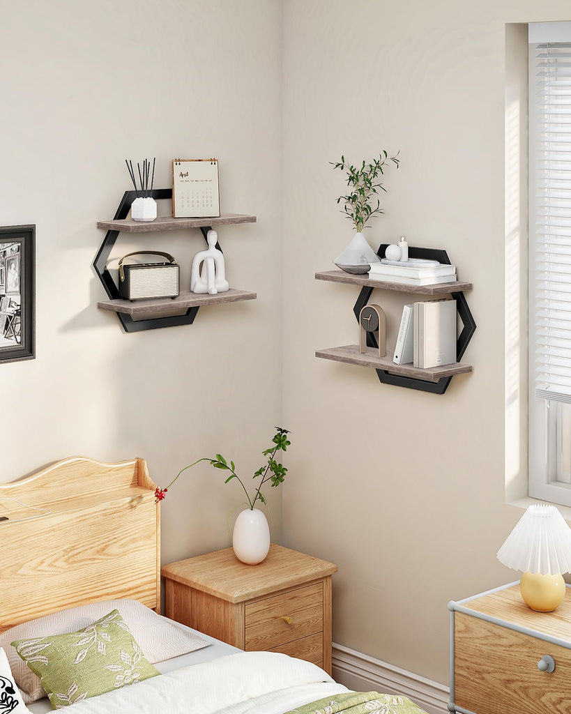 Hexagon Floating Shelves for Wall, Set of 2, 2 -Tier Hanging Shelves, Wall Mounted Storage Shelves, Study, Greige