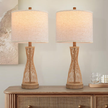 Lamps Wooden Bamboo Strip Table Lamp Farmhouse Bedside Lamps Set of 2 Wood Table Lamp Desk Light Bedroom Lights