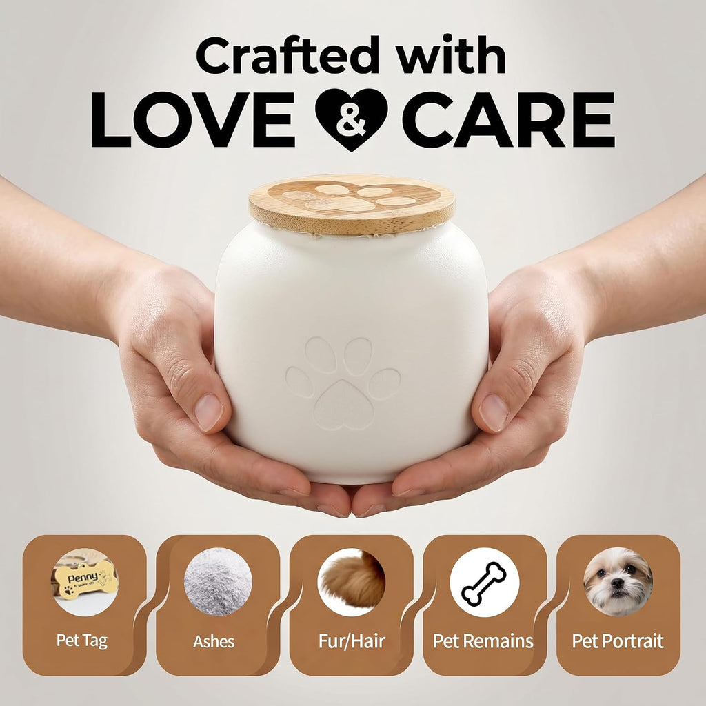 Small Pet Urn for Ashes, Cremation Memorial Urns for Cats & Dogs, 3.7"x4.1" White Ceramic Paw Design Keepsake Jar
