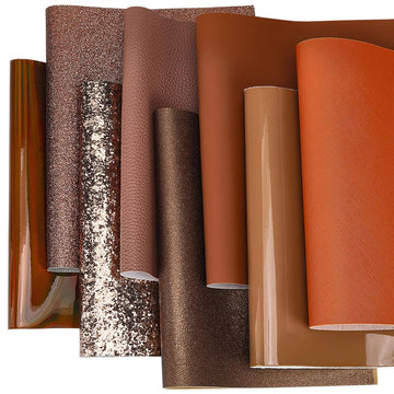 13 x 8 Inch Glitter Faux Leather Rolls Set 8 Styles Brown Series PU Leather Sheets Glossy Solid Color Waterproof