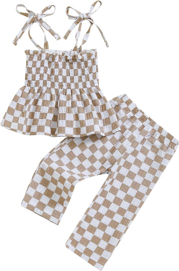 Toddler Baby Girl Clothes Tie-Up Strap Ruffle Camisole Tops Linen Pants Set Little Girls Summer Outfits